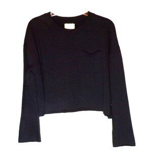 One Step Up Black Long Sleeve Crop Top Women Large Raw Hemline Pocket Streetwear